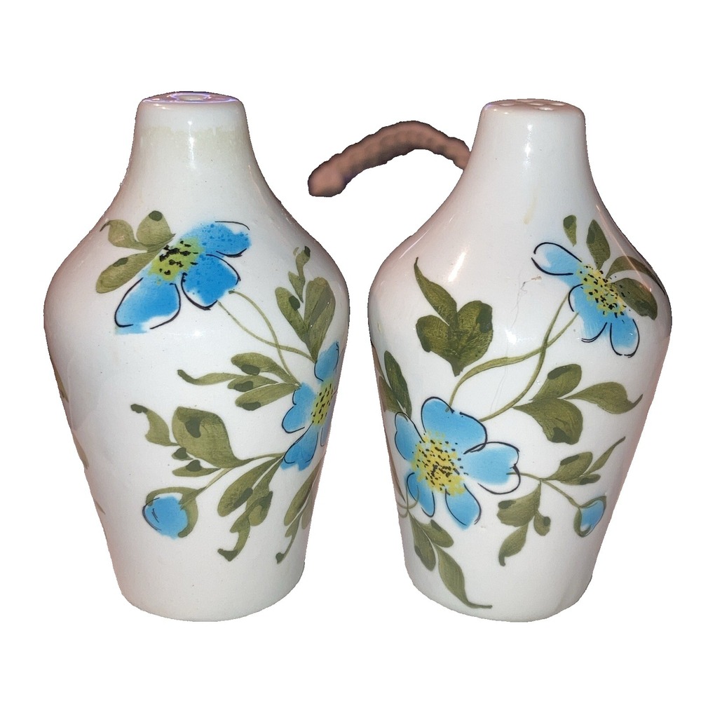 Vintage Hand Painted Blue Flowers Salt & Pepper 4" Green Italy